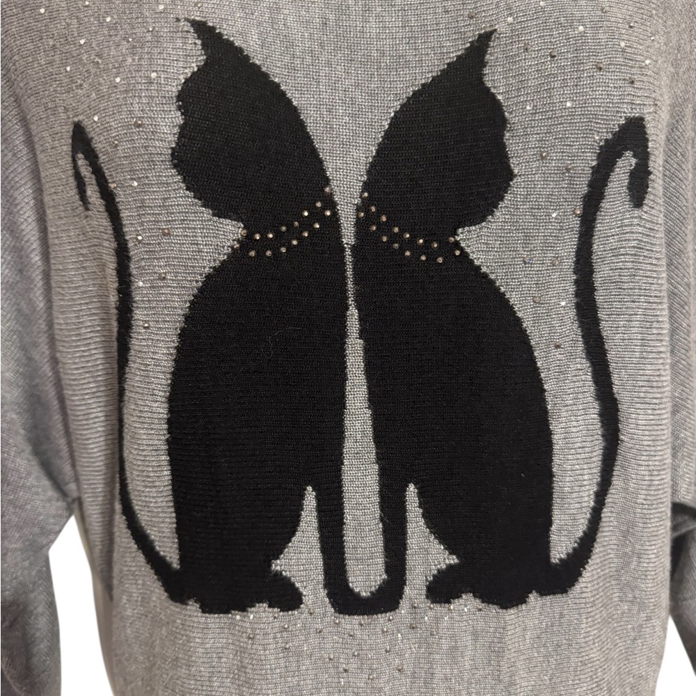 WHBM Gray Lightweight Sweater w/Black w/Rhinestone Collar Cat Silhouette  SM #K - Picture 2 of 9